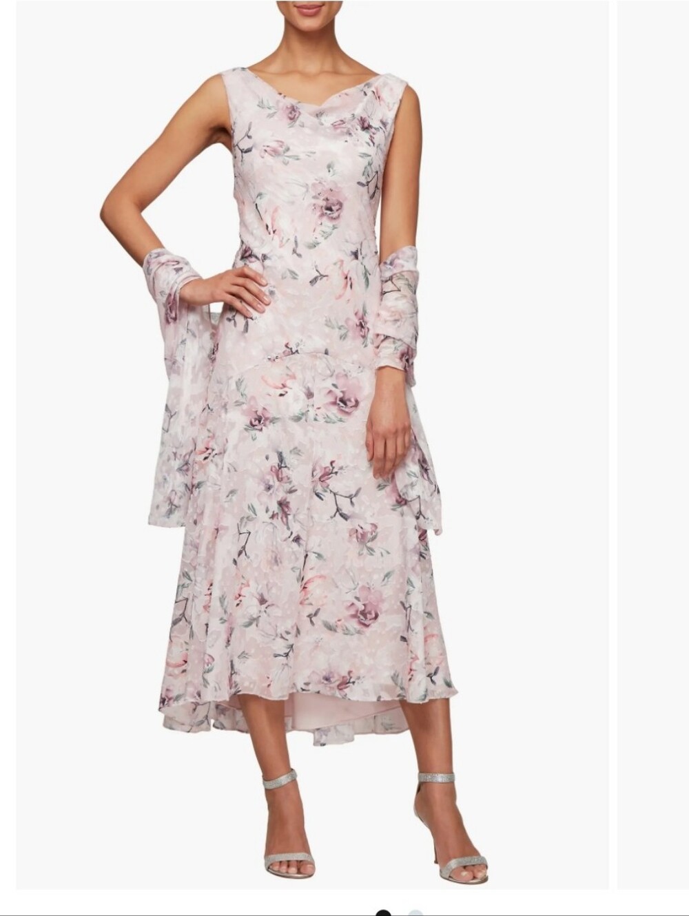 Alex Evenings Pink Floral Cowl-Neck Maxi Dress